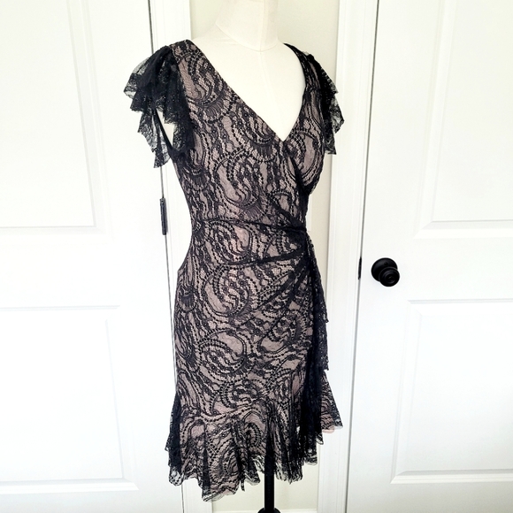 Black Lace Ruffle Dress Glam Special Occasion Classic Party Fall Spring Summer - Picture 2 of 7